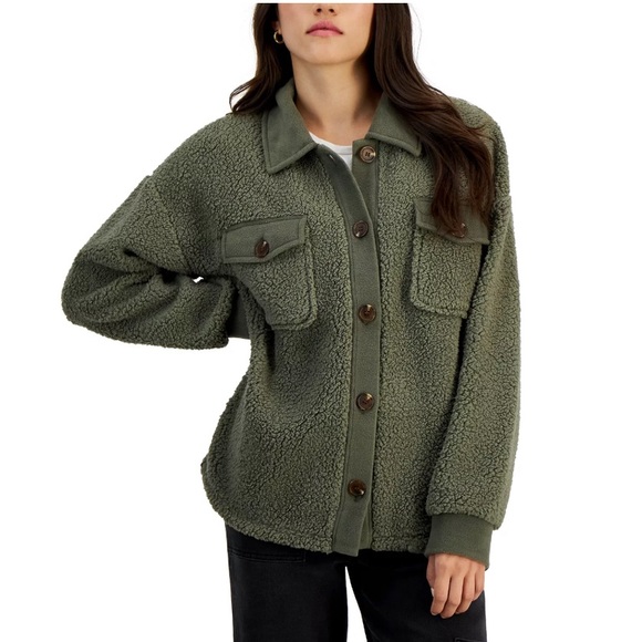 NEW Hippie Rose Juniors' Sherpa Contrast-Trimmed Shacket, Smokey Olive Size XL - Picture 5 of 5